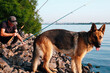 A man with a dog fishing. German shepherd dog fishing with the owner. A fisherman with a spinning rod on the bank of a large river.