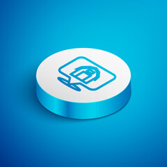 Poster - Isometric line Location farm house icon isolated on blue background. White circle button. Vector