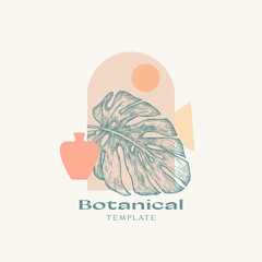 Wall Mural - Abstract Vector Botanical Sign, Label or Logo Template. Hand Drawn Monstera Palm Leaf through Ark Window. Contemporary Eblem Design for Apparel Print, Wallpaper. Isolated