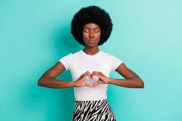 Sticker - Photo of flirty short hairdo millennial lady show heart blow kiss wear white t-shirt isolated on cyan color background