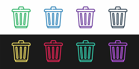 Sticker - Set line Trash can icon isolated on black and white background. Garbage bin sign. Recycle basket icon. Office trash icon. Vector