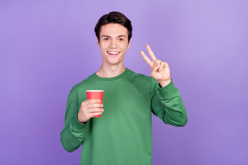 Canvas Print - Photo of young handsome guy happy positive smile drink alcohol show peace cool v-sign isolated over violet color background