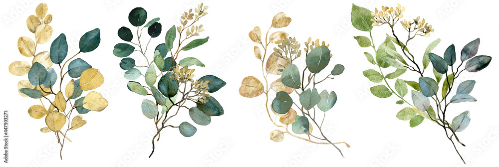 Watercolor green and gold seeded Eucalyptus bouquets. Spring greenery. Wedding floral illustration. - obrazy, fototapety, plakaty 