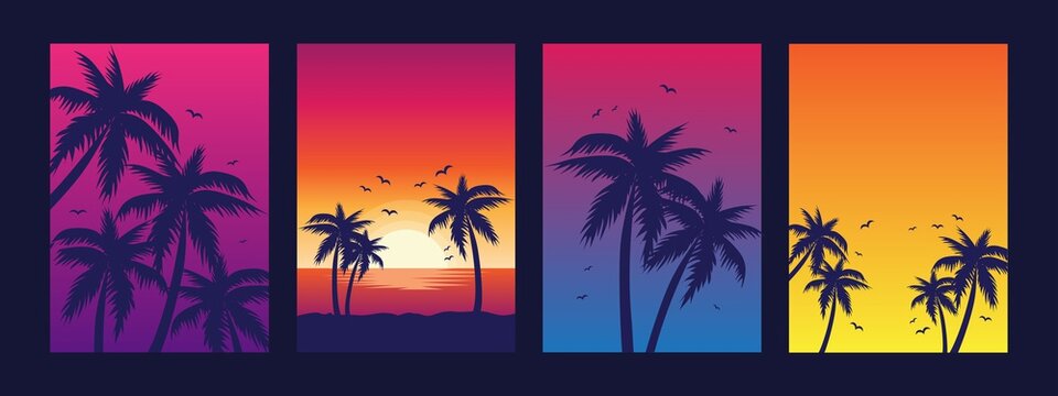 colorful summer banners, tropical backgrounds set with palms, sea, clouds, sky, beach. beautiful sum