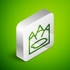 Sticker - Isometric line Canadian landscape with mountains and lake icon isolated on green background. Silver square button. Vector