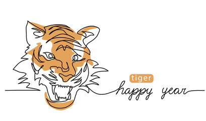 Wall Mural - Roaring tiger head. One continuous line art drawing. Color vector illustration, banner, poster, background. Asian new year greeting