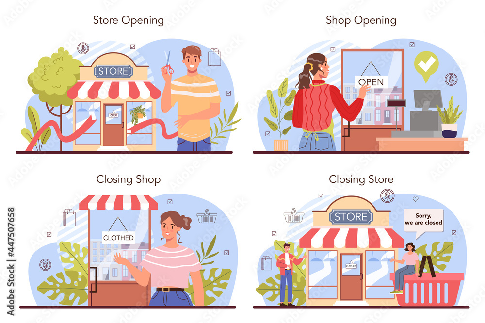 Commercial activities set. Entrepreneur opening or closing down a store - obrazy, fototapety, plakaty 