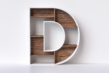 Wood Alphabet Letter D Made Of White Plywood Planks And Bark Textured Shelves, Decorative Carpentry And Furnishing Concepts. High Definition 3D Rendering.
