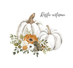 Beautiful pastel pumpkins floral arrangement in rustic style. Hand painted white pumpkin with rust burnt orange, white flowers and dry leaves, isolated on white background. Thanksgiving day card.
