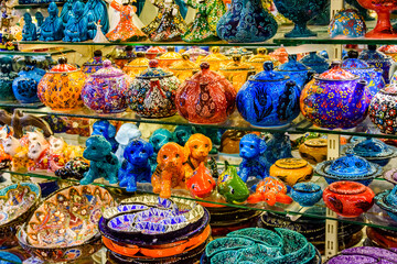 Many colorful souvenirs for sale at the bazaar in Turkey