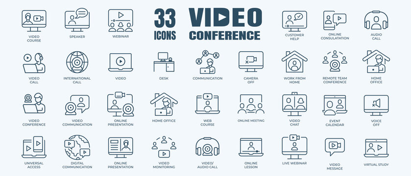 video conference and group call icon set with editable stroke and white background. thin line style 