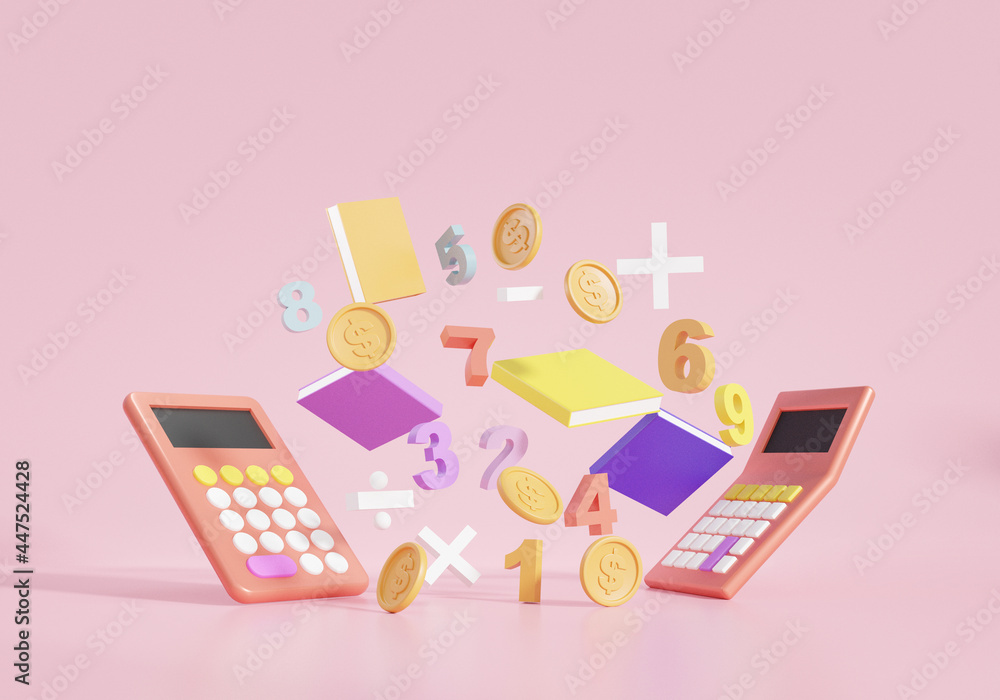 3D illustration Finance education concept. calcalator, coins, book ...