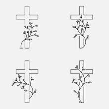 Cross Collection, Funeral Design With Flowers. Line Art, Editable Strokes. Vector Illustration EPS 10
