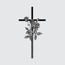 Cross With Rose, Funeral Design Element. Vector Illustration, EPS 10
