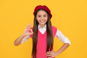 Poster - all is ok. cheerful kid in beret. smiling child has perfect style. teenage beauty. tween and youth