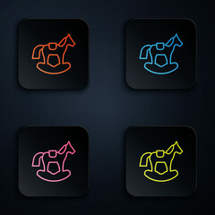 Poster - Color neon line Wooden horse in saddle swing for little children icon isolated on black background. Set icons in square buttons. Vector