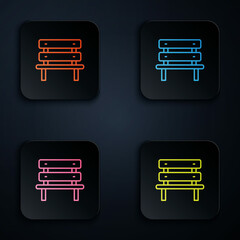 Poster - Color neon line Bench icon isolated on black background. Set icons in square buttons. Vector