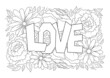 Love word in flowers adult antistress coloring page in doodle sketch style, floral pattern colouring sheet isolated vector illustration