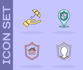 Sticker - Set Life insurance with shield, Umbrella hand, House and Location icon. Vector