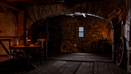 Aufkleber - 3D illustration of a medieval inn or tavern interior with a small dining table, wine or beer barrels stacked against the wall and daylight coming through a small window.