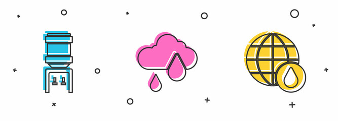 Sticker - Set Water cooler, Cloud with rain and Earth planet water drop icon. Vector