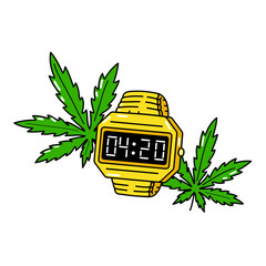 Wall Mural - 4:20 time on gold electronic watch and weed cannabis leafs. Vector cartoon illustration design. Isolated on white background. 420 watch, weed, cannabis, green leafs print for t-shirt, poster concept