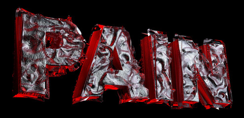 3d render with abstract art of surreal word pain in bold font in rough damaged iron metal material w