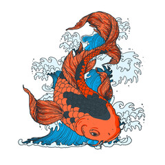 Wall Mural - Koi carp with japanese waves. Vector illustration. Tattoo print. Hand drawn illustration for t-shirt print, fabric and other uses.