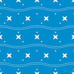 Poster - Blue background and white crosses, dots and waves. Vector.