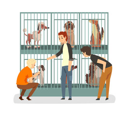 Sticker - Boy Choosing Dog in Pet Shelter or Animal Shop Cartoon Vector Illustration