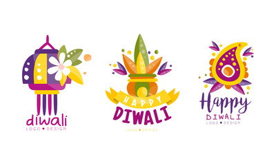 Wall Mural - Happy Diwali Logo Design Set, Indian Festival Colorful Labels Vector Illustration