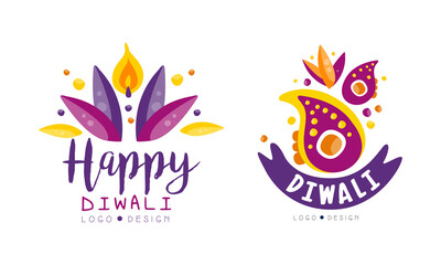 Sticker - Diwali Logo Design Set, Hindu Festival Bright Colorful Labels Vector Illustration