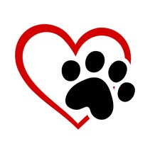 Vector Red Heart Shape Stencil Love Symbol With Pet Cat Or Dog Footprint .Black Doggy Kitty Paw Mark Silhouette Drawing Sign Illustration.Puppy Footstep Trail Icon.T Shirt Print Design.Sticker.Cut.DIY