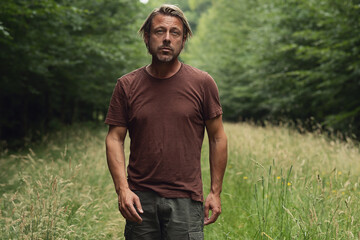 Blonde man with a stubble beard in a brown t-shirt walks on a fo