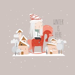 Cute Cartoon Winter Girl ride on Wooden Horse in Snowy Town