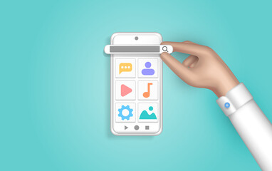 Hand creates a custom design for a mobile application, UI UX design. Design concept for web designer. Device content place infographic. Landing page template for the site. 3D web vector illustrations