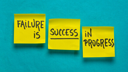 Wall Mural - Failure is success in progress - inspirational handwriting on a yellow sticky notes, business, education and personal development concept