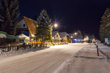 Polańczyk in winter in the evening, Bieszczady, Solina