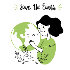 Save the Earth, the planet, our home. Sad girl hugs the planet. The planet is suffering from people. Sad Earth. Happy Earth Day. The concept of caring for the planet, nature. Flat vector illustration