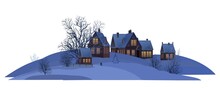 Village. Rural Houses In Winter. Christmas. Quiet Frosty Evening. Gable Roof Is Covered With Snow. Nice And Cozy Countryside Landscape. Isolated, Flat Cartoon Style. Vector Art