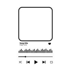 Song plaque with buttons, loading bar, equalizer sign and frame for album photo. Trendy music player interface as template for romantic gift. Vector outline illustration.