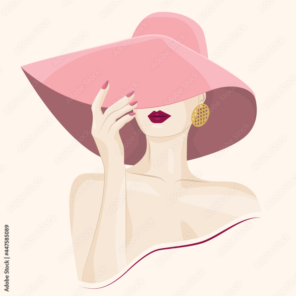 Portret pięknej kobiety w eleganckim kapeluszu z luksusową biżuterią. Młoda dziewczyna z ciemnymi różowymi ustami. Ilustracja wektorowa High Fashion. - obrazy, fototapety, plakaty 