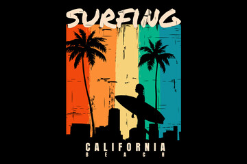 Canvas Print - silhouette surfing beach sunset california beautiful retro style