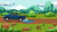Vast Grassland And Mountain Terrain Made Of Polygon With Cut By Soil Roads And Puddle. Pick-up Or Truck Car Driven Until The Water Splashes By Men. Flat Style Vector Illustration.