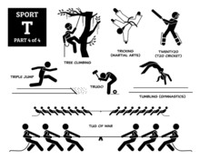 Sport Games Alphabet T Vector Icons Pictogram. Tree Climbing, Tricking Martial Arts, Twenty20, Triple Jump, Trugo, Tumbling Gymnastic, And Tug Of War.