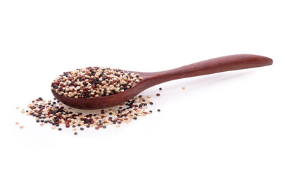 Wall Mural - Quinoa seeds in wooden spoon isolated on white background.