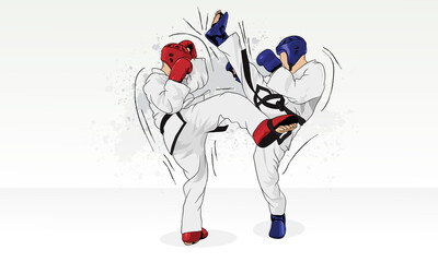 Two athletes practice taekwondo martial arts techniques