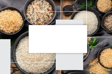 Wall Mural - Collage of different types of rice on grey background, top view