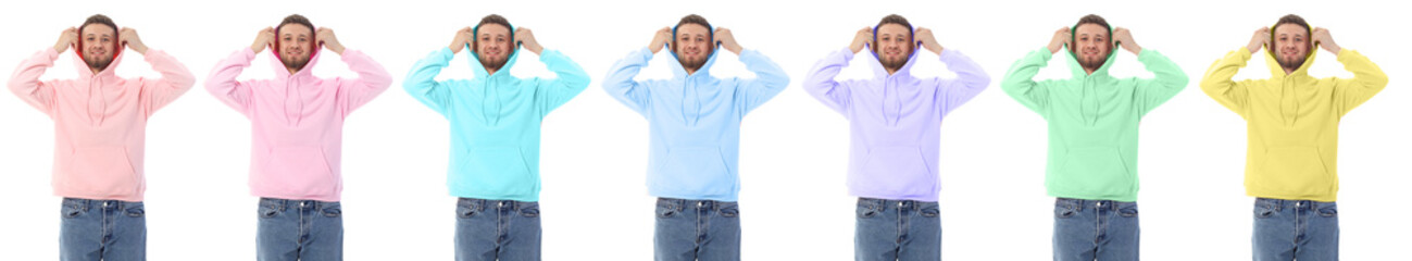 Wall Mural - Young man wearing stylish hoodies in different colors on white background