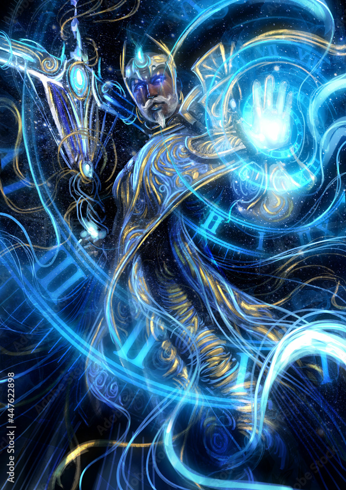 A great time magician in blue robes with golden patterns conjures a time spiral with one hand and holds a scythe staff in the other, he has a kind face with a mustache and glowing blue eyes . 2d  - obrazy, fototapety, plakaty 